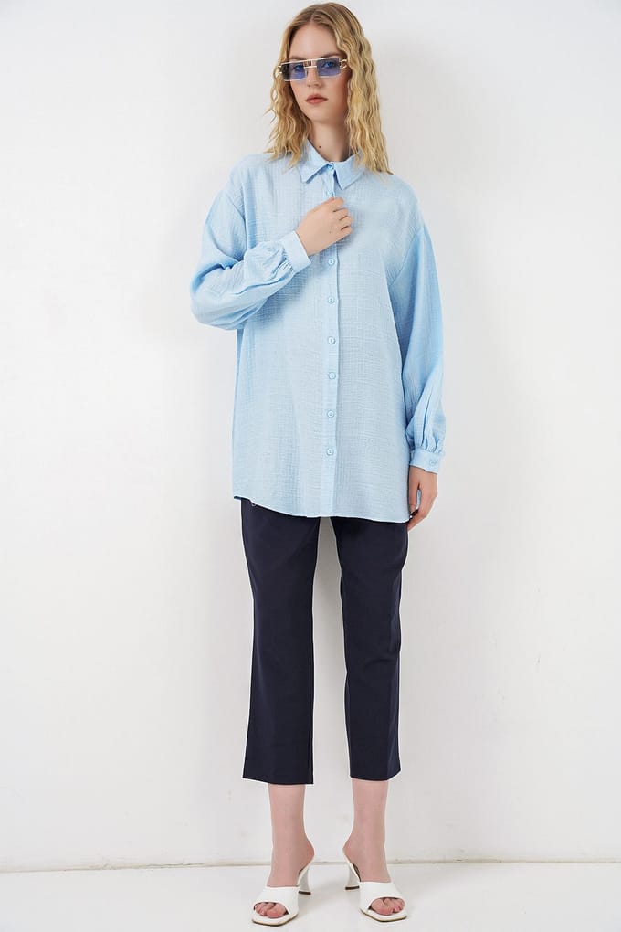Oversized Geweven Lange Blouse met Shirtkraag