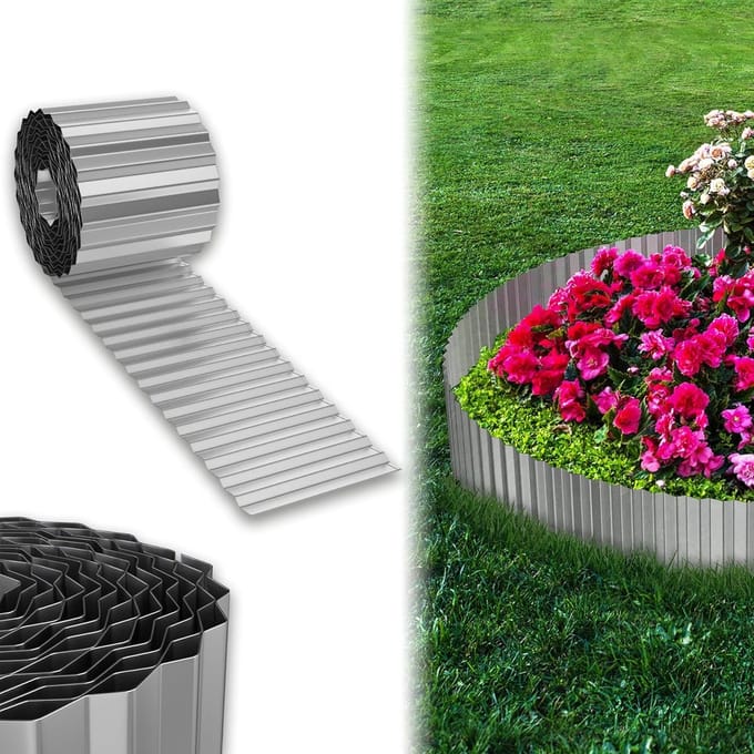 Tuinafrastering Metaal - Graskantband Gazonrand - Bloembedden Afbakenen - Flexibel Instelbaar - 5 Meter - Zilver