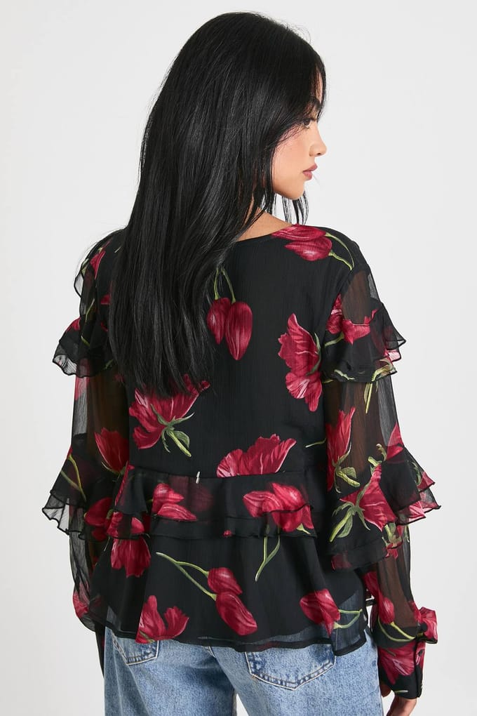 boohoo Dames Chiffonblouse met bloemenprint en ruches | Black | Maat: 8