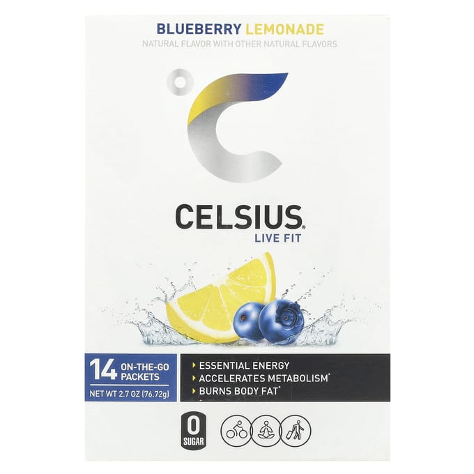 Celsius, Live Fit, Blueberry Lemonade, Draagbare 14-pack, 0,19 oz (5,48 gram) Elk