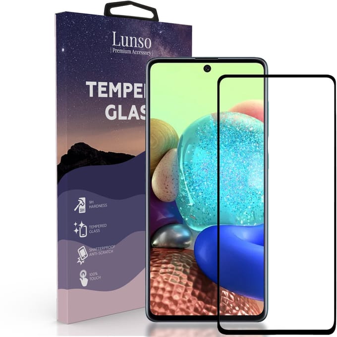 Lunso - Geschikt voor Samsung Galaxy A72 - Gehard Beschermglas - Full Cover Screenprotector - Black Edge