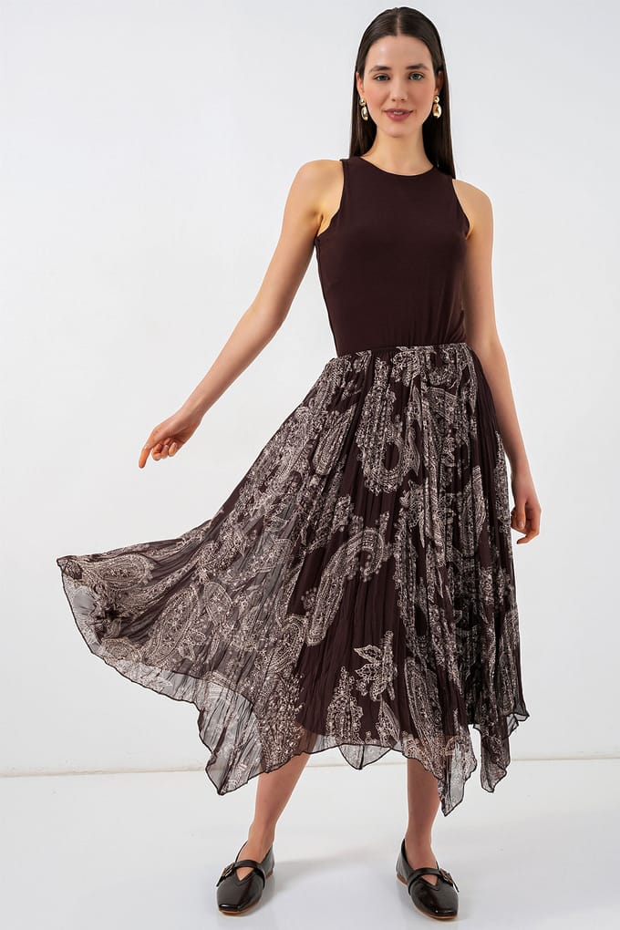 Hoge Taille A-Lijn Midi Rok in Paisleyprint