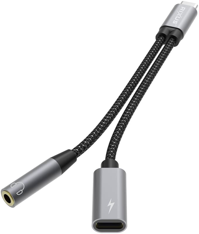 Rixus RXMU72 USB-C To USB-C And 3.5mm Aux Splitter 15cm Space Gray