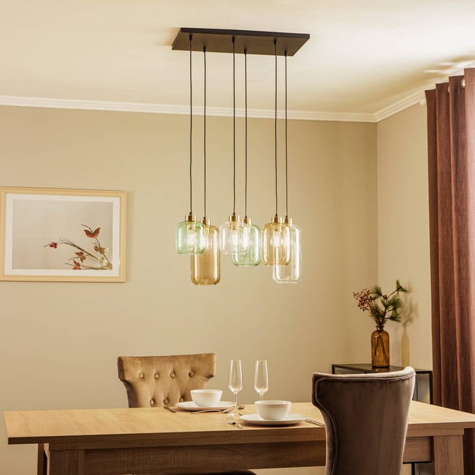 Marco Green Hanglamp - 6xE27 - Mix Kleuren Glas - Zwart/Goud