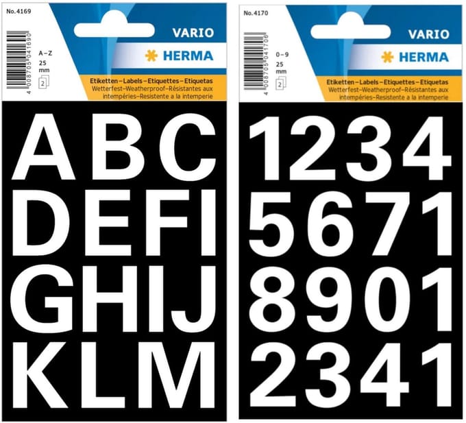 Herma stickervellen letters en cijfers - 4x vellen - wit - 25 mm - watervast