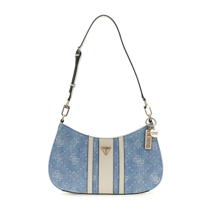 GUESS schoudertas Noelle II Top Zip Shoulder Bag Denim Logo Lichtblauw