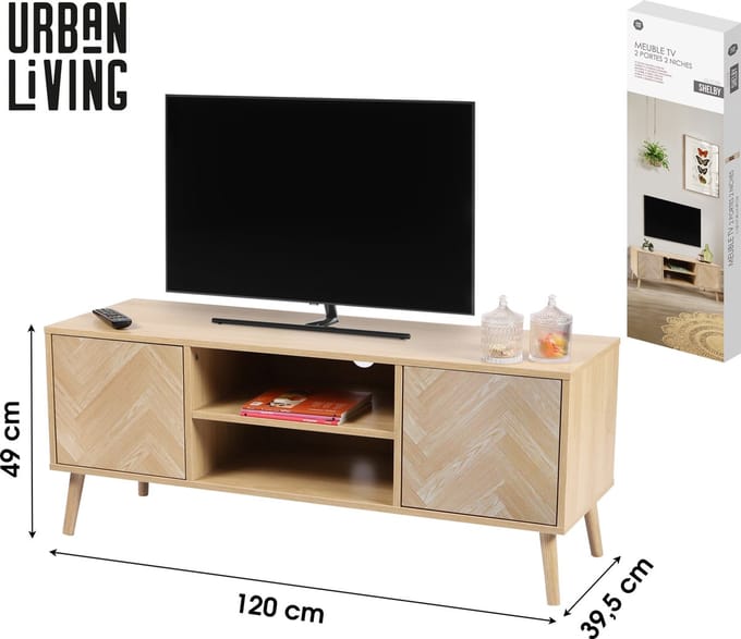 "SHELBY" TV-MEUBEL MET 2 DEUREN EN 2 PLANKEN, PUSH-PULL SYSTEEM, 120×40×H48 CM