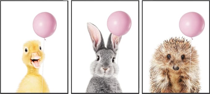 Kinderkamer posters – 3 stuks - dieren - 30x40 cm – Konijn, eend & egel