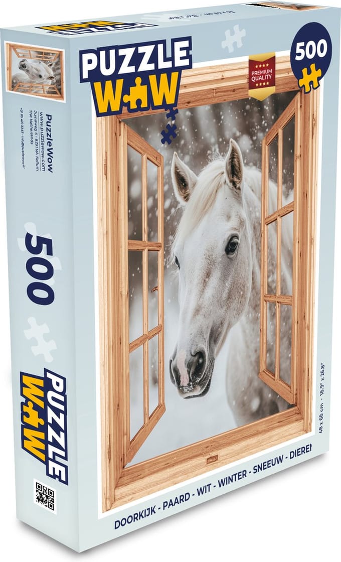 Puzzel Doorkijk - Paard - Wit - Winter - Sneeuw - Dieren - Legpuzzel - Puzzel 500 stukjes