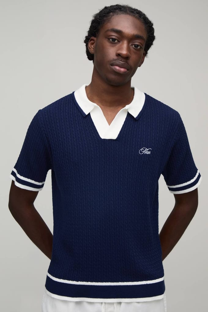 Men's Boxy Kabel Geborduurde Gebreide Polo | Navy | Size Small