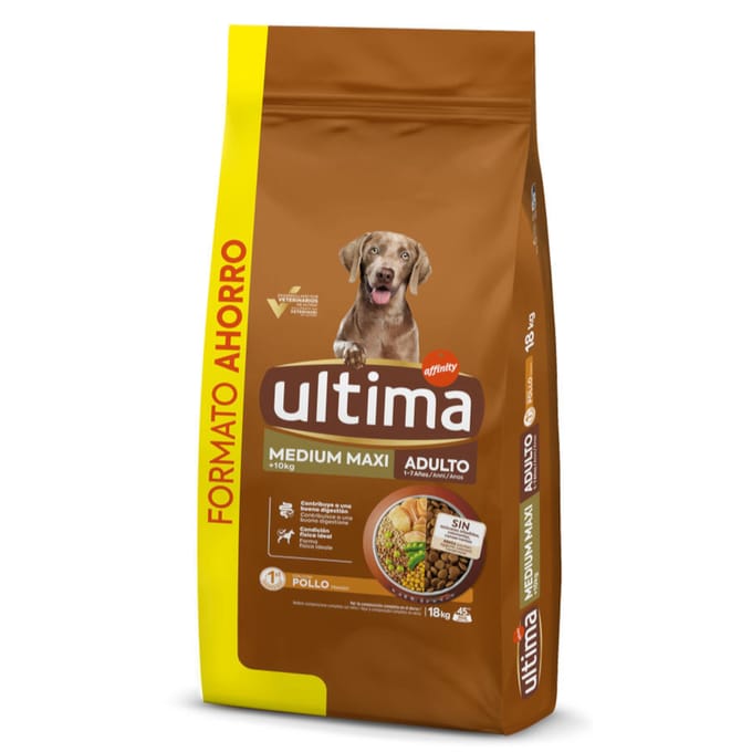 6 kg + 1 kg /6 kg +1.5 kg / 10 kg + 2 kg of 15 kg + 3 kg gratis Ultima droogvoer voor honden - Medium / Maxi Adult Kip & Rijst 18 kg