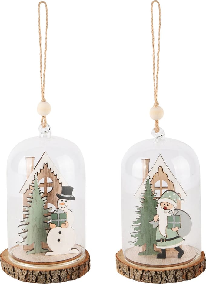 Dekoratief | Hanger globe m/santa/sneeuwman, hout/glas, 8x8x20cm, set van 2 stuks | A245259