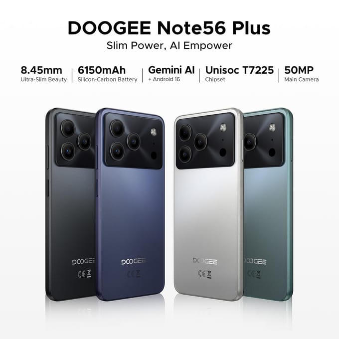 Téléphones Portables DOOGEE Note 56 Plus, Android 16 , 48 Go + 256 Go/2 To, 6150 mAh & 6,56 HD+, 50 MP, 4G Double SIM Gratuits Débloqués blanc