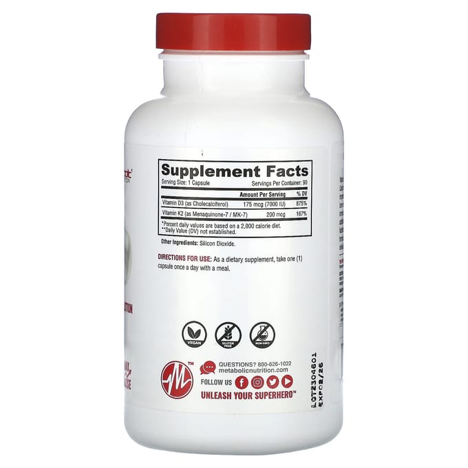 Metabolic Nutrition, Vitamine D3 + K2, Formule à Potence Maximale, 90 Capsules