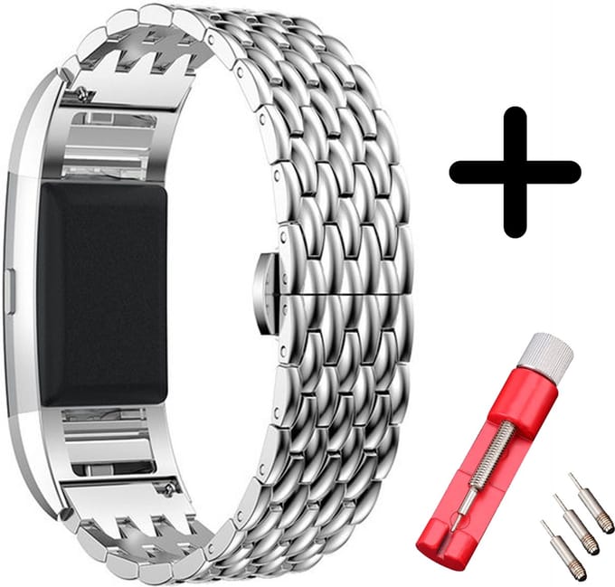 Geschikt voor Fitbit Charge 2 bandje staal zilver draak + toolkit