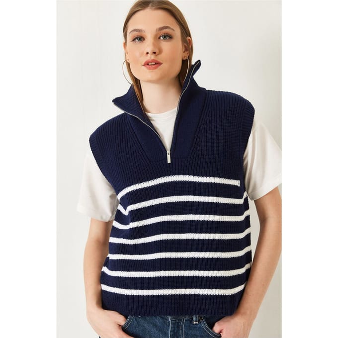 Gestreepte Gebreide Sweater Vest met Ritskraag