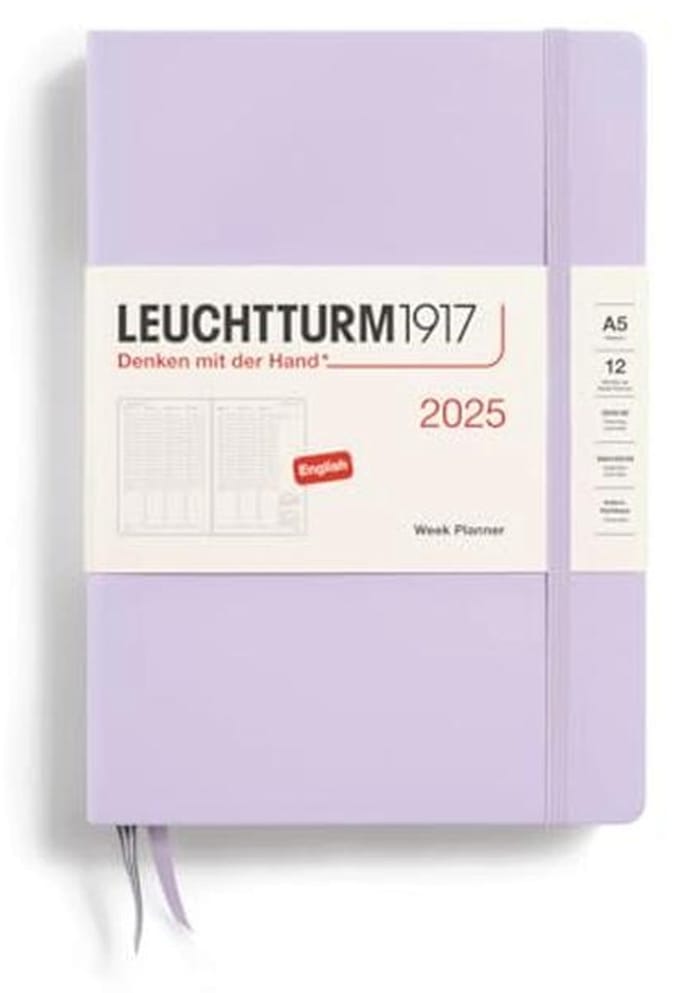 Weekplanner 2025, medium A5 hardcover - 12-maands-kalender, gelinieerd, lila, Engels