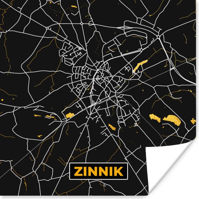 Poster Stadskaart - Goud - Kaart - Plattegrond - Zinnik - 30x30 cm