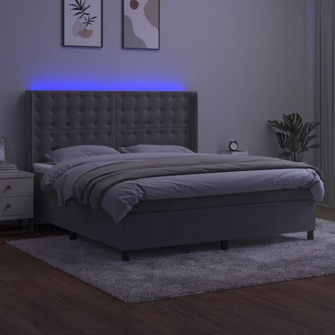 vidaXL - Boxspring - met - matras - en - LED - fluweel - lichtgrijs - 180x200 - cm