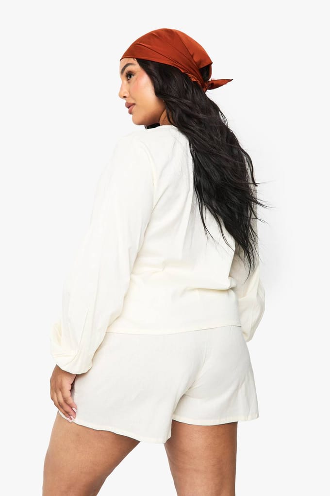 boohoo Dames Plus Shell Trim Tie Front Beach Co Ord | Ecru | Maat: 20/22