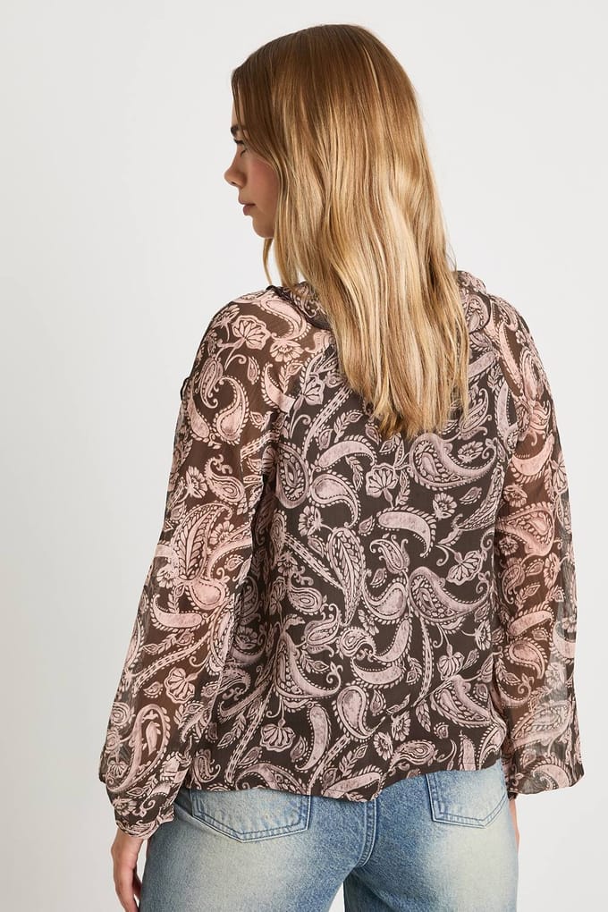 boohoo Dames Blouse met paisleymotief, ruches en chiffon | Brown | Maat: 8
