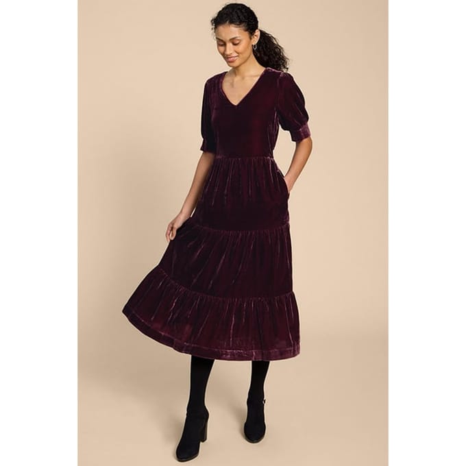 White Stuff Ayra Velvet Dre Dark Plum Größe: 12 REGULAR | Midikleider Outlet | Damen | Magenta