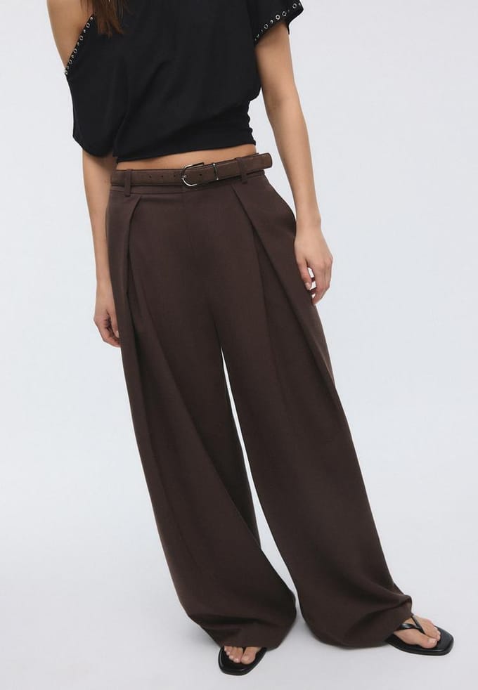 Stradivarius Pantalón maxi pinza cinturón  Bruin 34