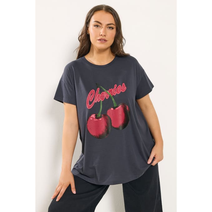 Yours Grijs 'Cherries' Slogan Tshirt Size 42