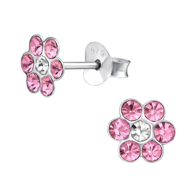 Oorbellen meisje bloem - zilver - roze - glinster
