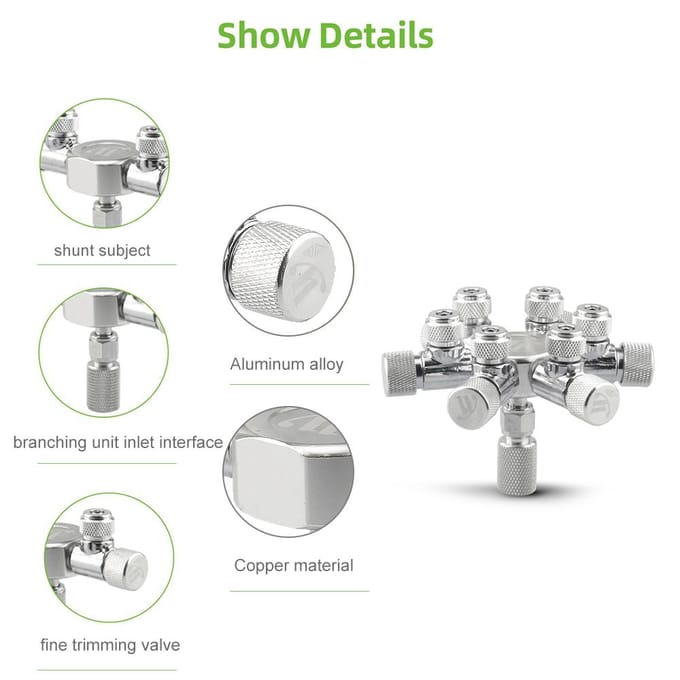 Aquarium Tank CO2 Splitter Regulator Distributienaald Fijne afstelling Klep voor CO2 Regulator met 6-weg Uitlaten 3 Way Outlets green