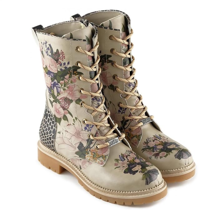 Goby Floral Elegance - Dames Veterboots - Handgemaakt Vegan Leer - Maat 38