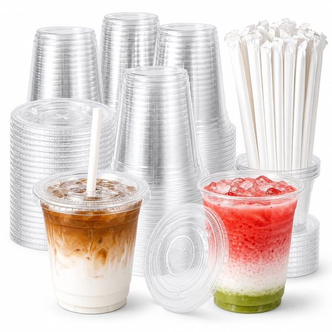 Daity 50 set - Plastic bekers met platte bodem, deksels en rietjes