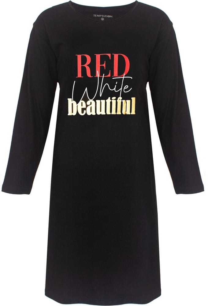 Temptation Dames Nachthemd - Bigshirt - RED White beautiful Print - Zwart - Maat M
