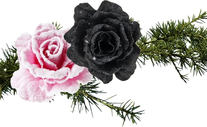 Kerstboomversiering bloemen op clip - 2x st - roze en zwart - 10 cm