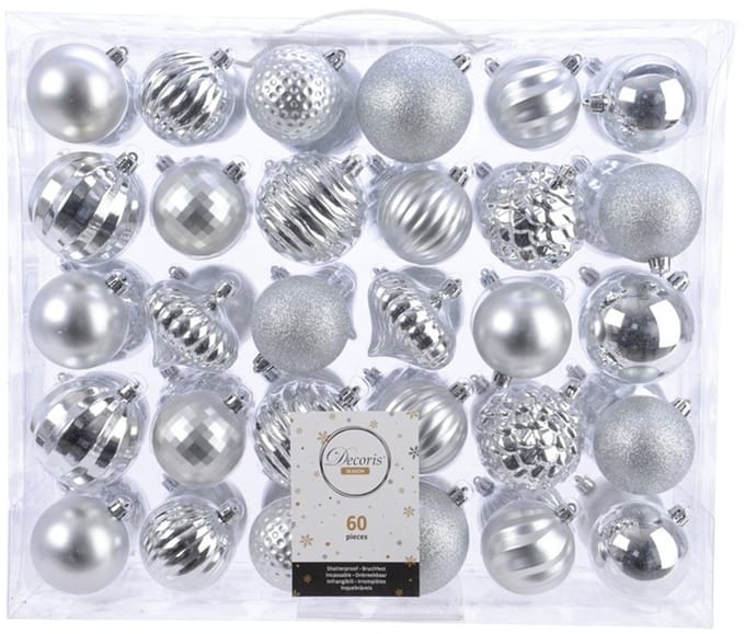 Decoris Kerstballen - 60x st - zilver - 6 en 7 cm - kunststof - kerstversiering