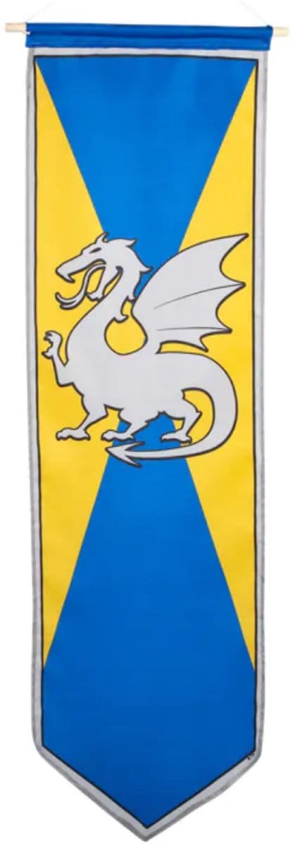 Boland Ridder banier - blauw/geel - met draak - 100 x 30 cm - vlag - riddervlag - ridder versiering - middeleeuwen
