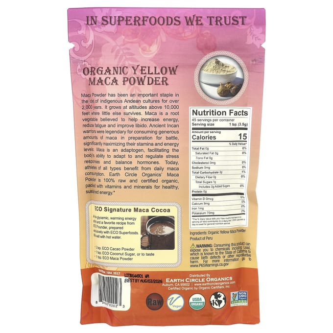 Poudre de maca jaune biologique, Earth Circle Organics, 227 g (226,7 g)