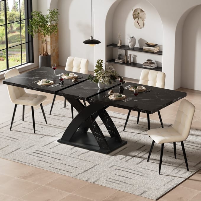 REDOM Eettafel 120–160x80x75 cm, uitschuifbaar, MDF en metaal, zwart-wit patroon, modern ontwerp