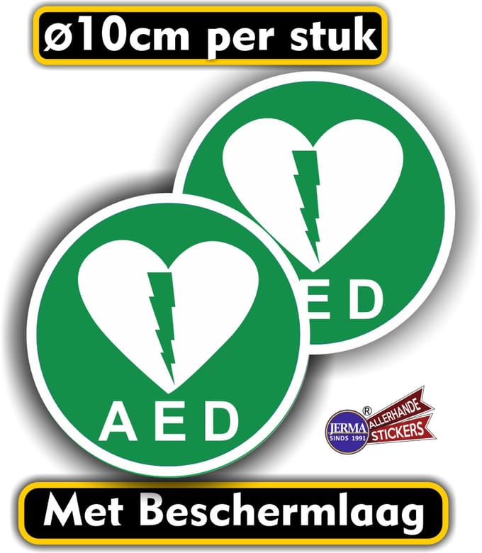 Jerma - AED aanwezig-stickers - 2 st-Ø 10 cm - UV en weerbestendig vinyl