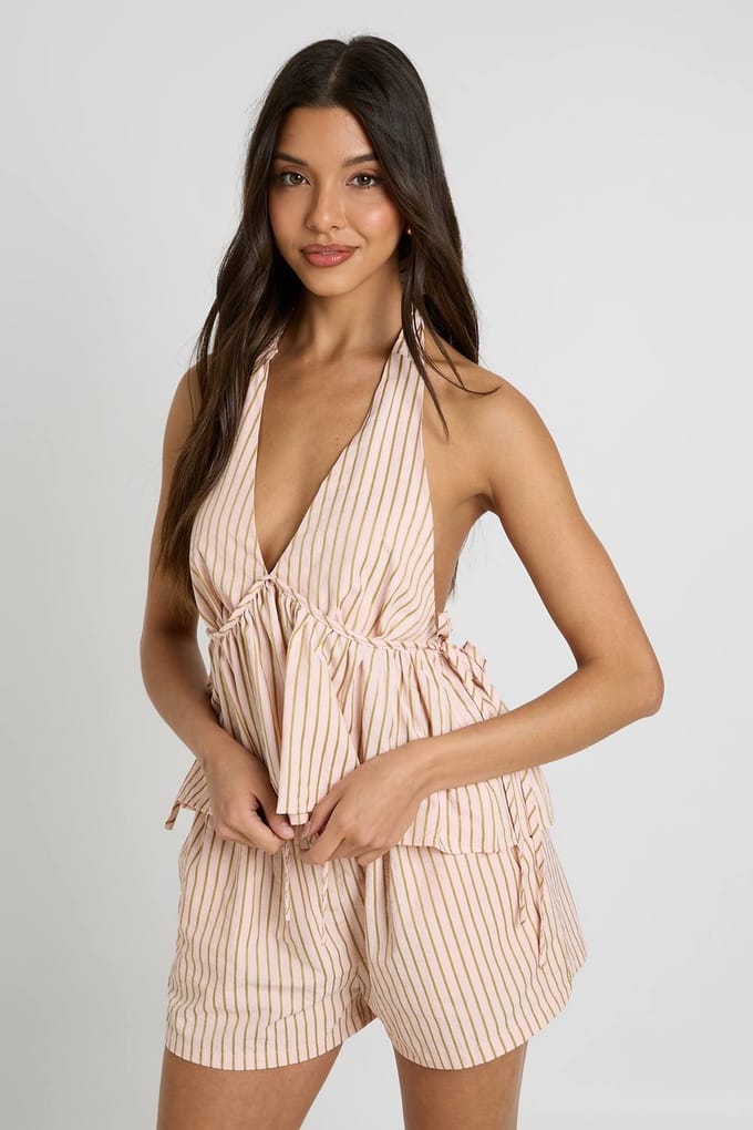 boohoo Dames Gestructureerde Gestreepte Short Met Enkel Kanaal | Roze | Maat: 36