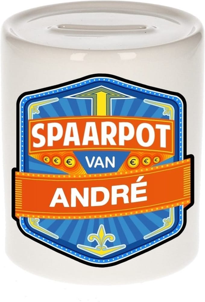 Bellatio Decorations Kinder spaarpot met naam - André - keramiek - met dop - wit - Sparen - Spaargeld van André