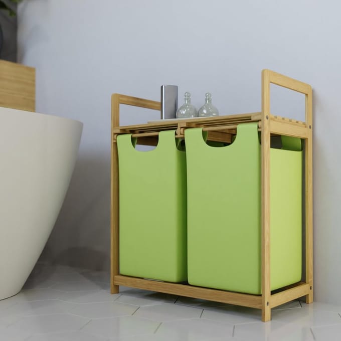 Bamboe wasmand - Wasverzamel kist - Kleding sorteren - Met legplank - 63 x 33 x 76 cm - Groen