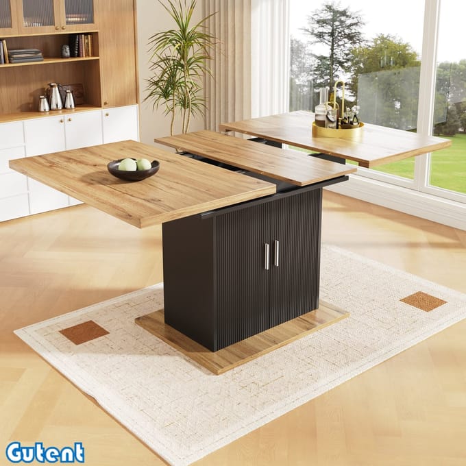 Gutent Uitschuifbare eettafel-140 x 70 cm-met legplank-met drie opbergvakken-Naturel + Zwart