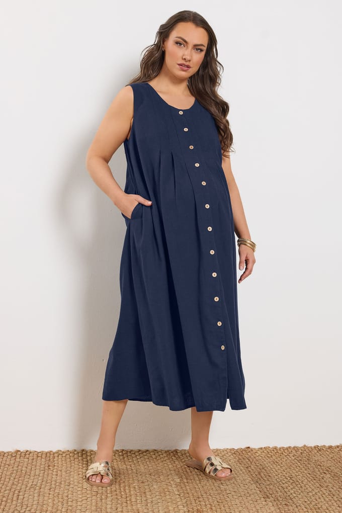 Bump It Up Maternity Marineblauwe Linnen Jurk Met Knoopsluiting Size 50