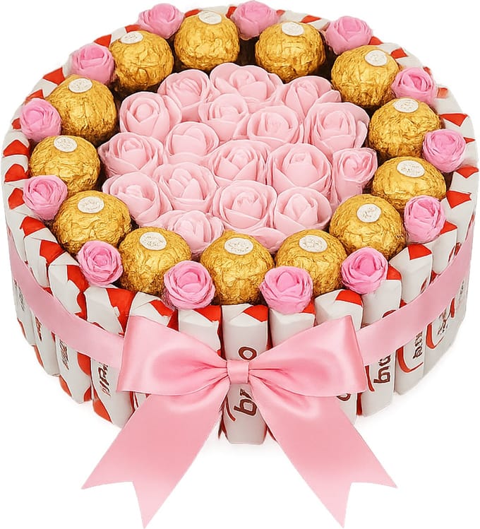 Luxe Ferrero Rocher & Kinder Rozen Cadeautaart – Roze Rozen & Satijnen Strik