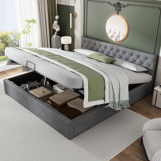 Sweiko Gestoffeerd bed - 180 x 200 cm - Opbergruimte - Velvet - Grijs