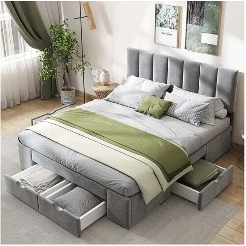 ModernLuxe Volwassen bed bekleed met fluweel 140x200cm met 4 laden + verstelbaar hoofdeinde + lattenbodem - Grijs