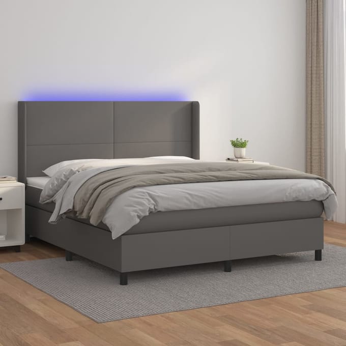 vidaXL - Boxspring - met - matras - en - LED - kunstleer - grijs - 160x200 - cm