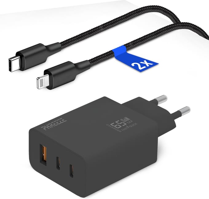 65w usb adapter 3 poorten + Oplader kabel geschikt voor iPhone / iPad / Lightning - 1 meter