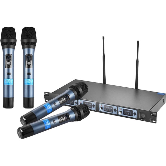 4D Professioneel 4-kanaals UHF draadloos handmicrofoonsysteem 4 microfoons 1 draadloze ontvanger US Plug blauw
